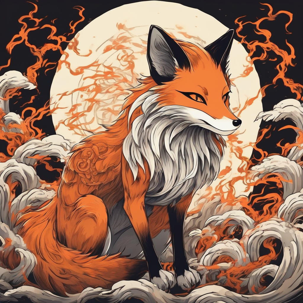 A Kitsune, the fox spirit, with multiple tails emitting sparks of fire and lightning.