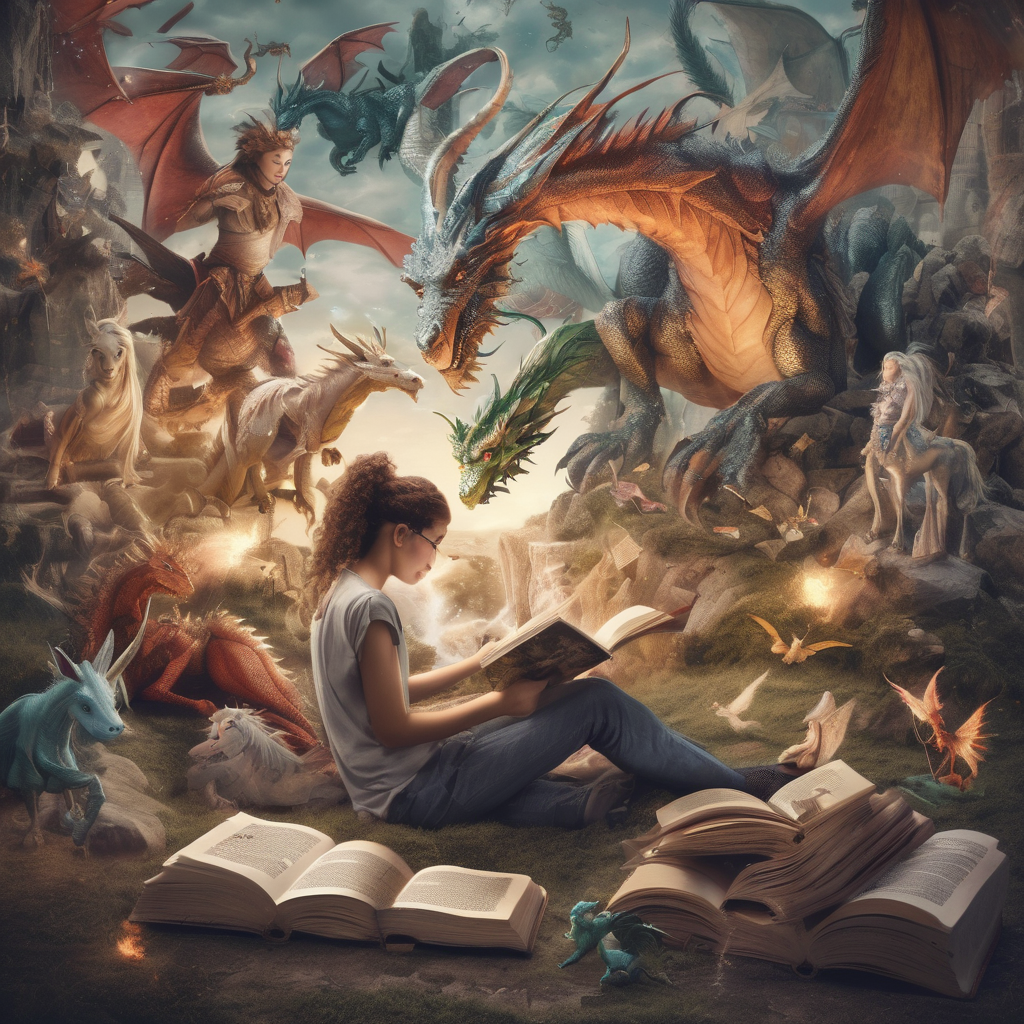 A person reading a book with various mythical creatures coming to life from the pages.