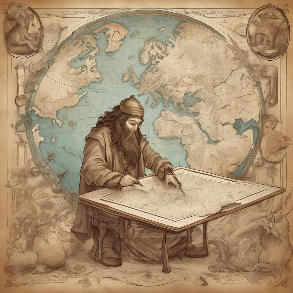 Ancient cartographer drawing mythical beasts on a map