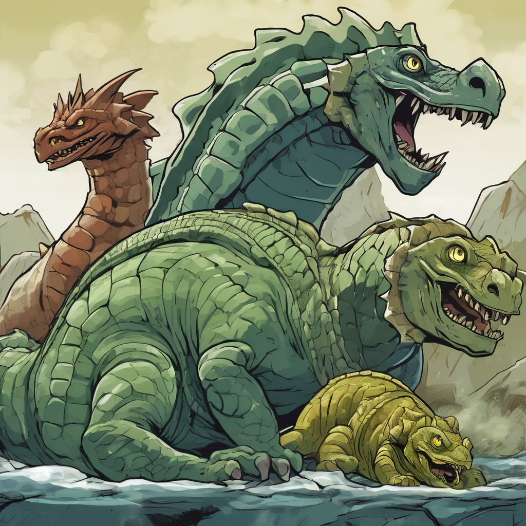 Artistic rendering of Basilisk, Tarasque, and Melusine from European folklore