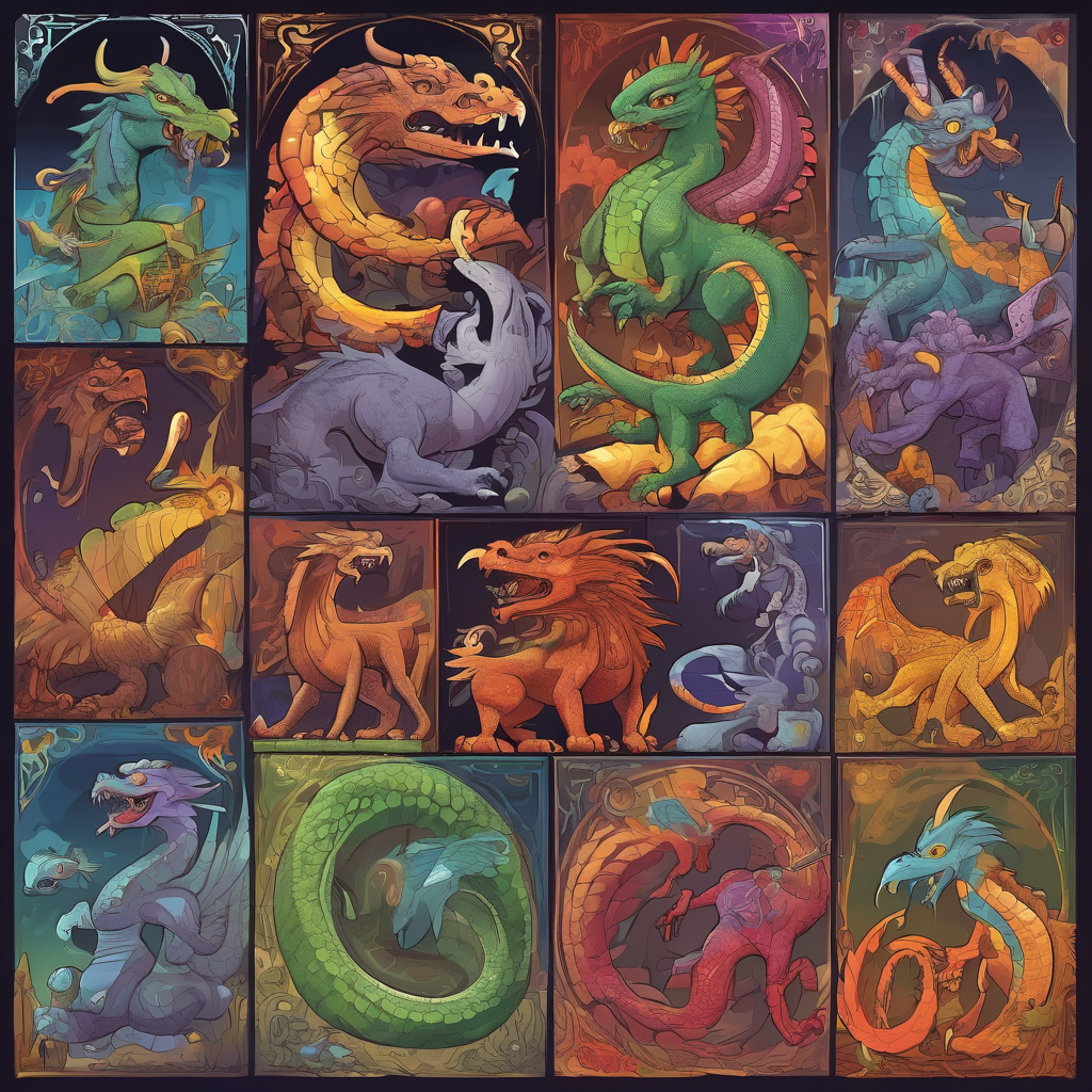 Collage of various mythical creatures from different cultures guarding treasures
