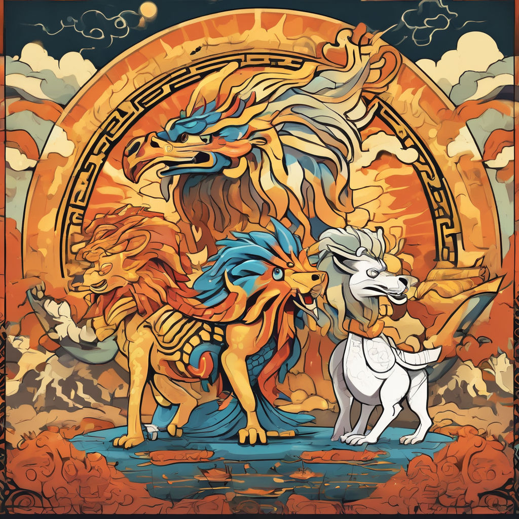 Illustration of Thunderbird, Ammit, and Qilin from ancient myths