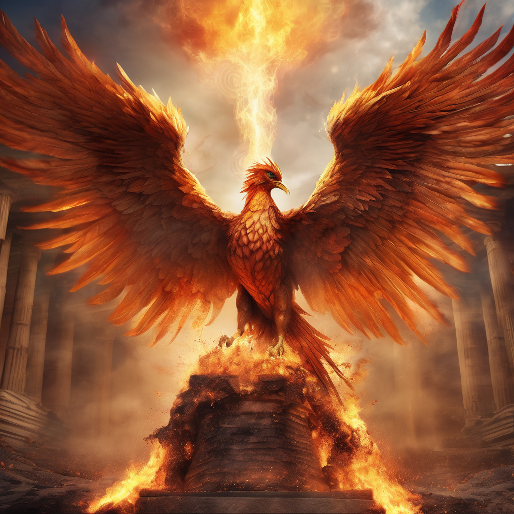 Phoenix rising in ancient ceremony setting