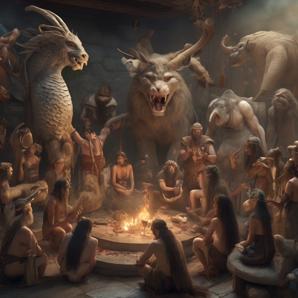 Variety of mythical creatures in ancient religious ceremony