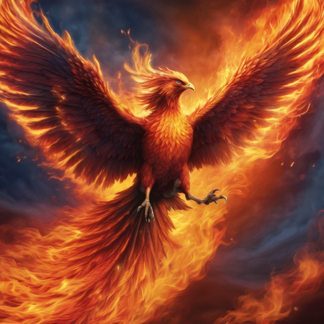 Phoenix rising in flames symbolizing rebirth and renewal