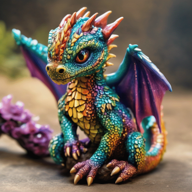 A small, colorful dragon sitting in a person's hand.