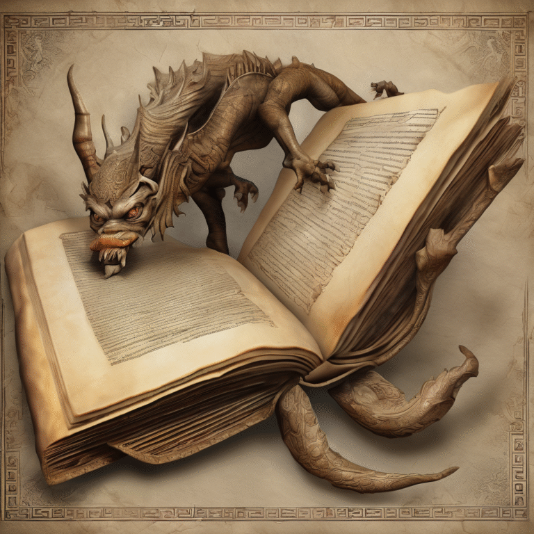 Ancient book or scroll with mythical creature illustrations