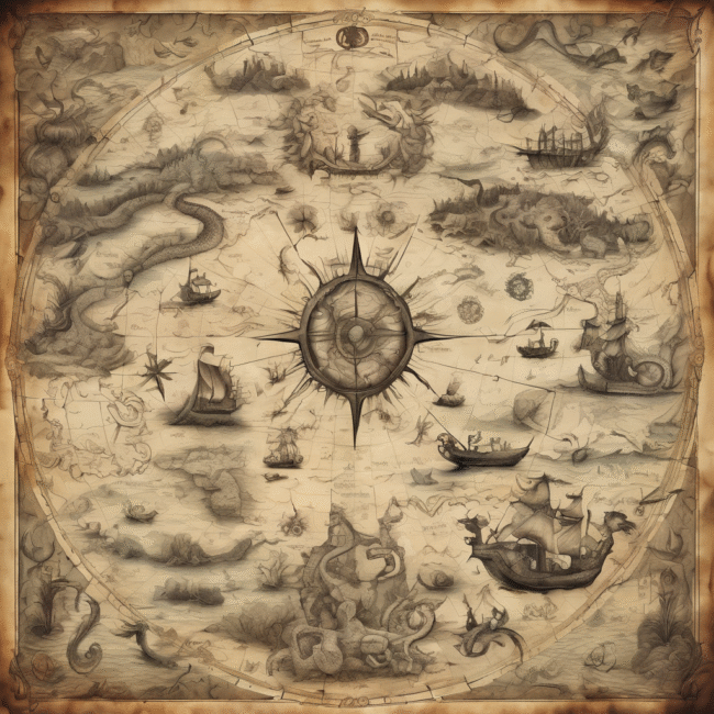 Ancient map with mythical creatures