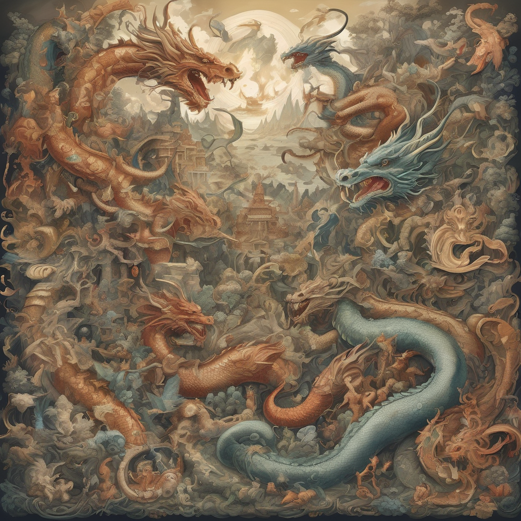 Artistic representation of various mythical creatures guarding treasures
