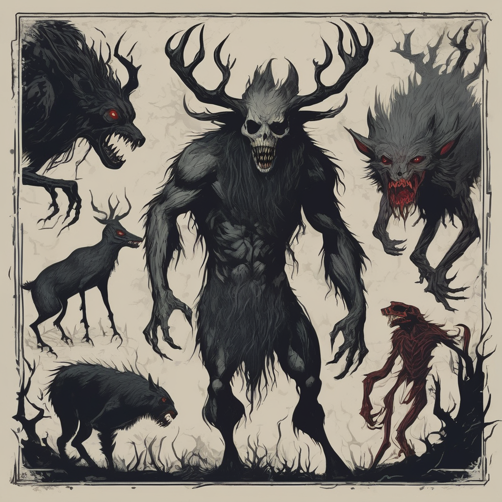 Illustration of mythical creatures lurking in the darkness.