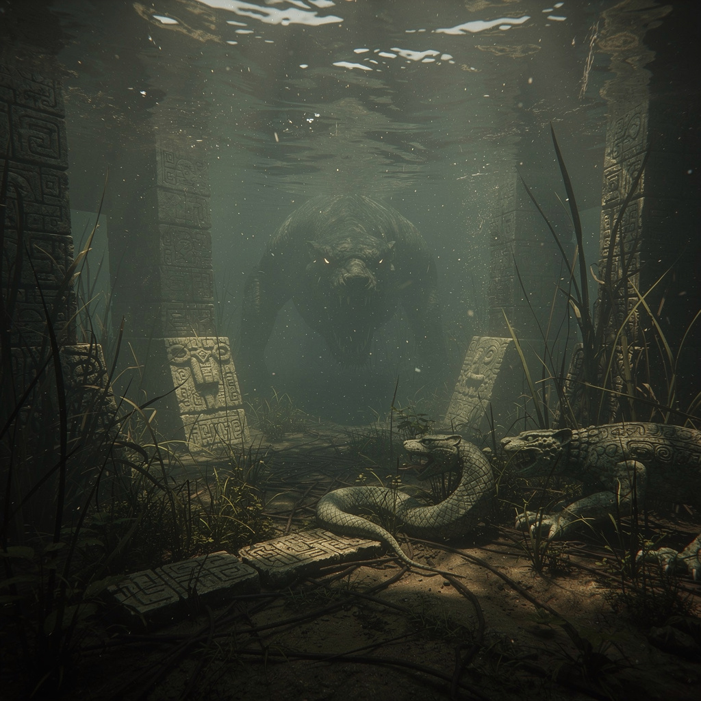 Dark underwater scene where the Ahuizotl water creature lurks waiting for victims