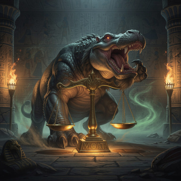 Ammit the Egyptian Devourer - crocodile-headed, lion-bodied, hippo-haunched creature from Egyptian mythology beside the Scales of Ma'at