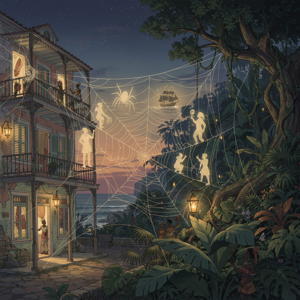 Spider webs connecting Caribbean landscape representing Anansi stories crossing the Atlantic