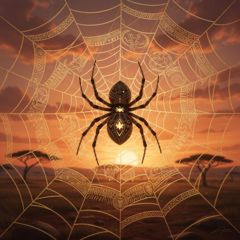 Anansi the African spider trickster deity surrounded by golden web threads representing stories and wisdom