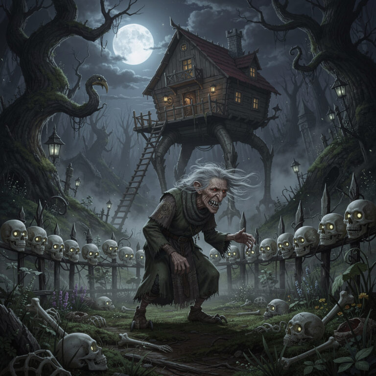 Baba Yaga the Slavic witch standing before her chicken-legged hut in a dark enchanted forest