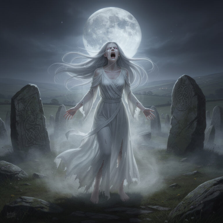 Ghostly Banshee woman wailing on misty Irish moor at night