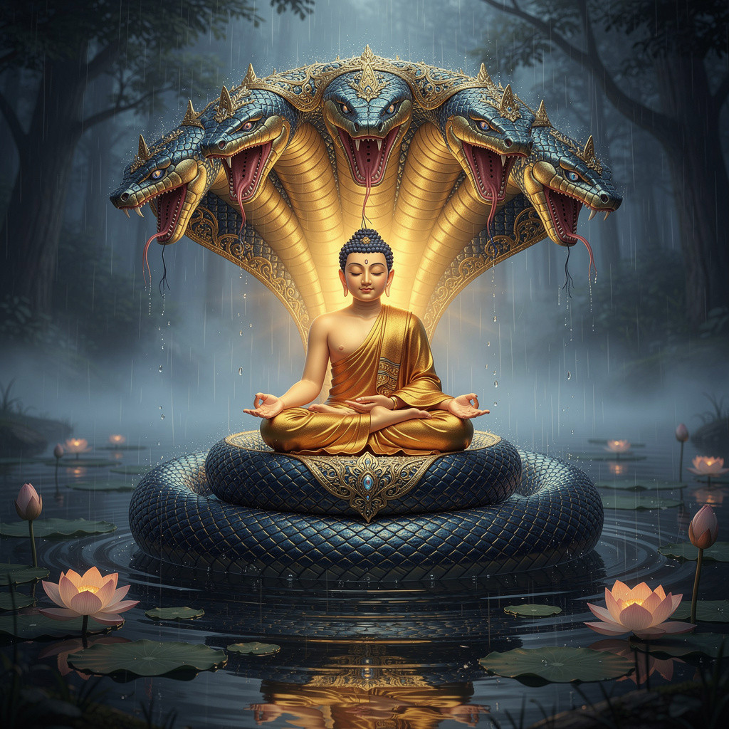 Buddha meditating under the protective hood of Naga king Mucalinda
