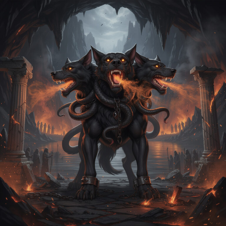 Three-headed hellhound Cerberus guarding the gates of the Greek underworld
