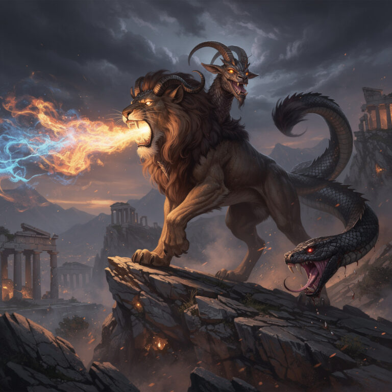 Greek Chimera with lion head breathing fire, goat head on back, and serpent tail