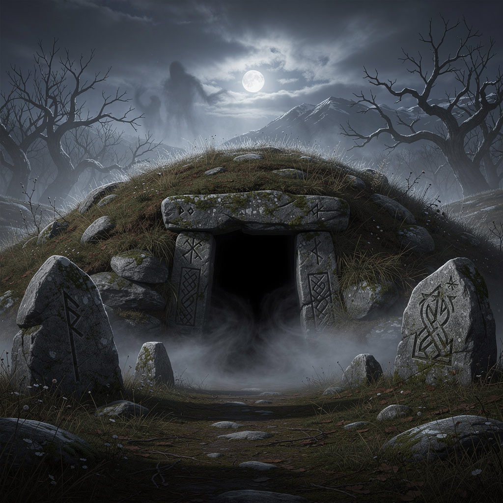 Dark entrance to an ancient Viking burial mound where Draugr dwell
