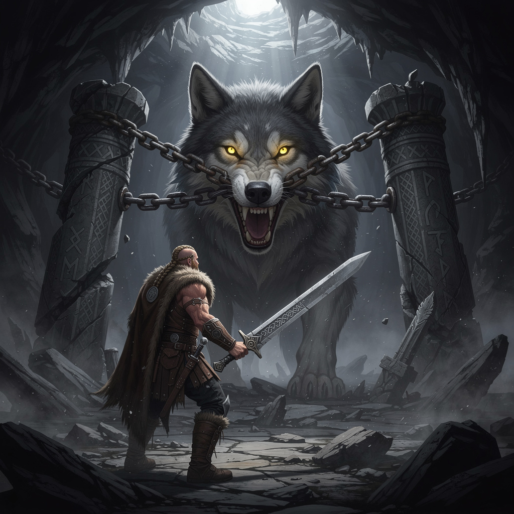 Viking warrior confronting the massive chained wolf Fenrir in a dark cave