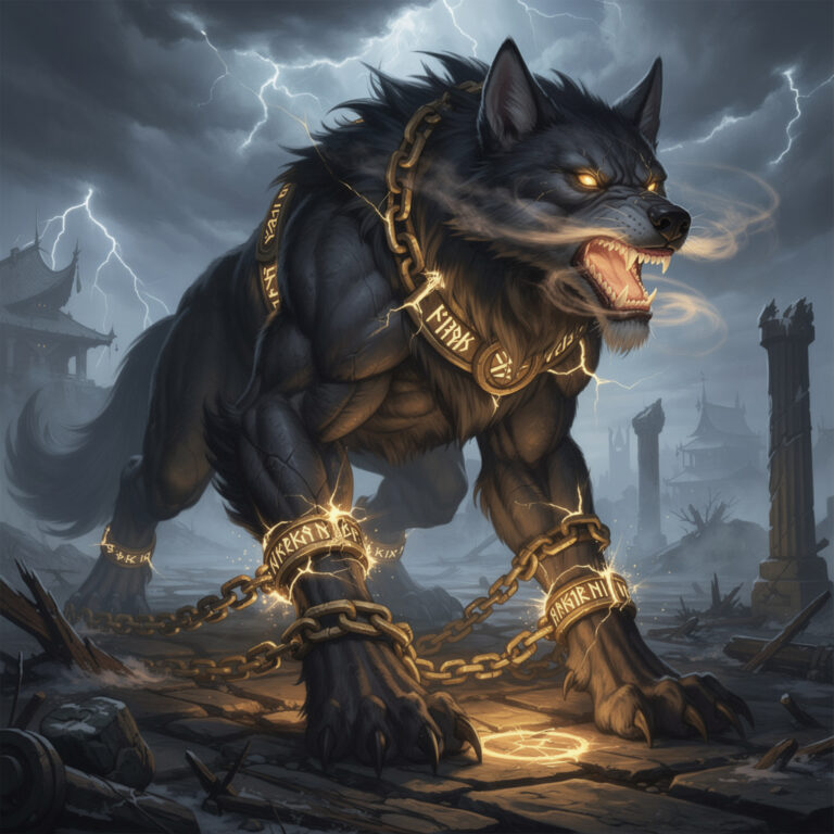 Fenrir the monstrous wolf of Norse mythology bound in magical chains