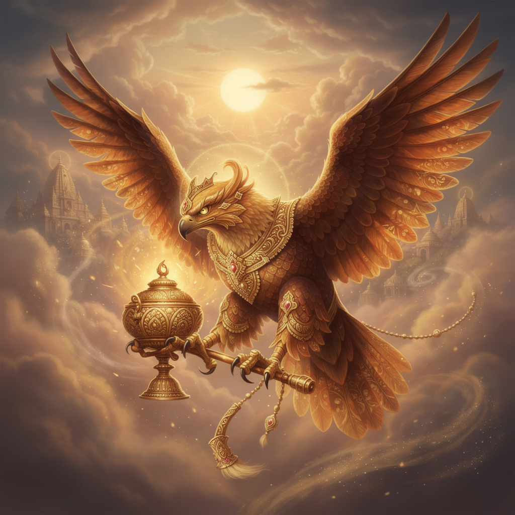 Garuda golden eagle carrying sacred Amrita vessel through celestial clouds