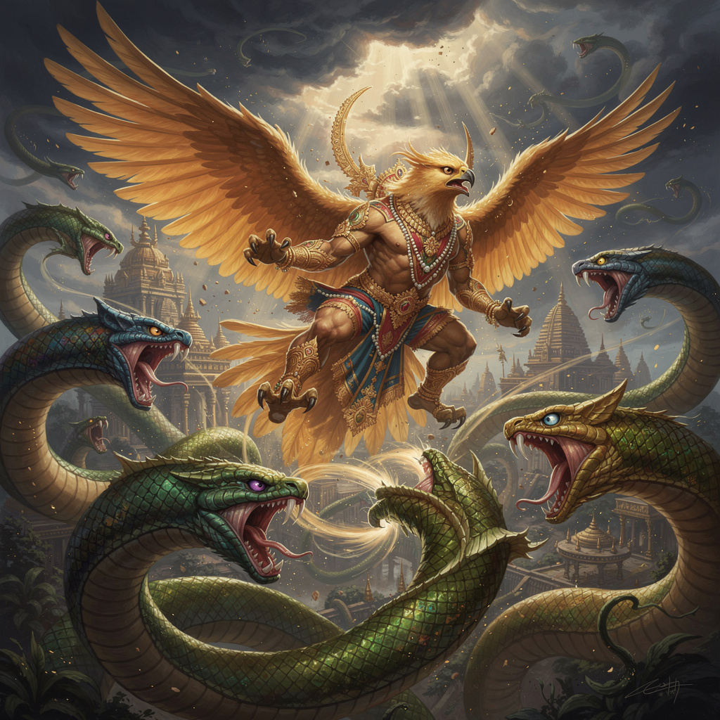 Garuda divine eagle battling serpent Nagas in epic aerial combat