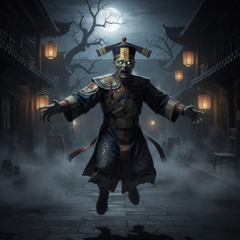Chinese Jiangshi in Qing dynasty robes with talisman on forehead in dark village