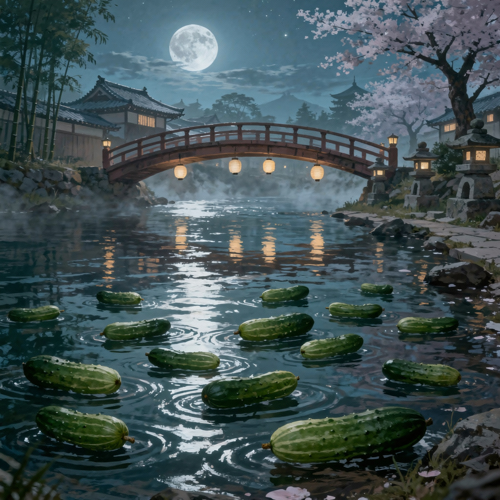 Moonlit Japanese river where cucumbers float as offerings to appease the Kappa