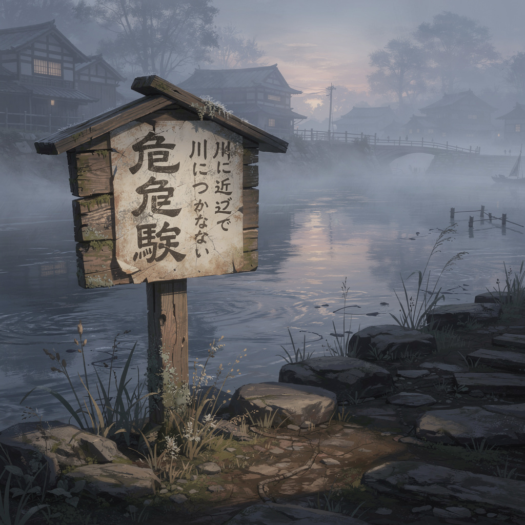Traditional Japanese warning sign near river cautioning about Kappa water spirits