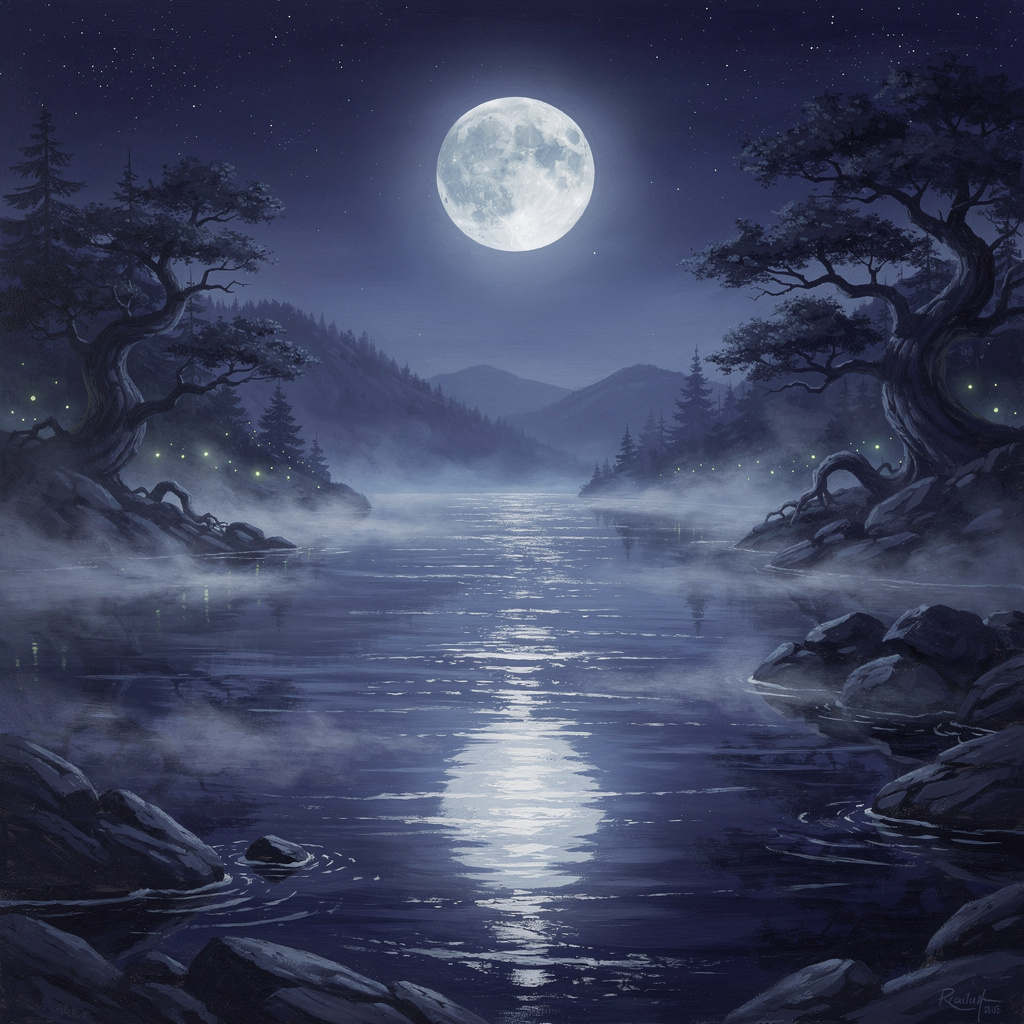 Mystical moonlit river with rising mist, the sacred domain of the water spirit Mami Wata