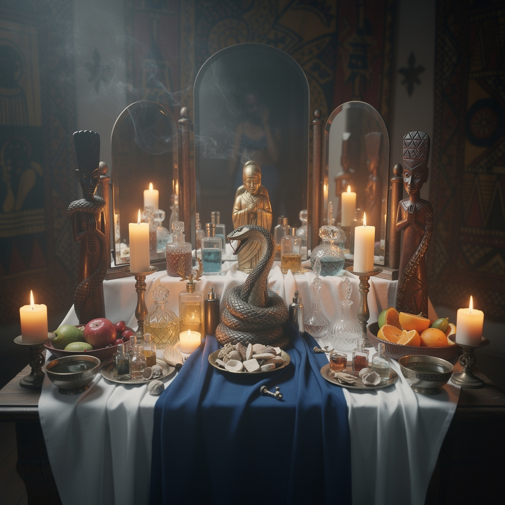 Traditional Mami Wata shrine with mirrors, candles, and offerings for the African water spirit