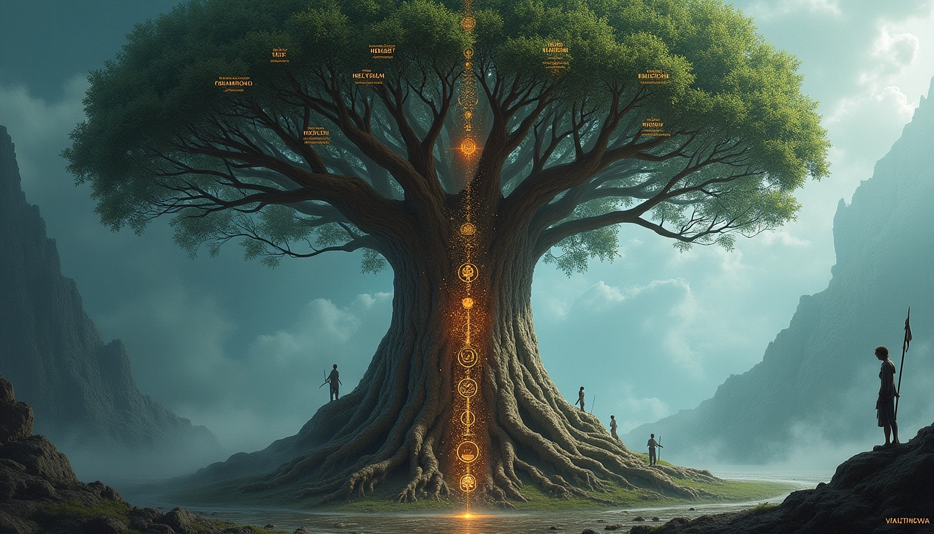 Yggdrasil world tree stretching through multiple realms with gods and giants around its base