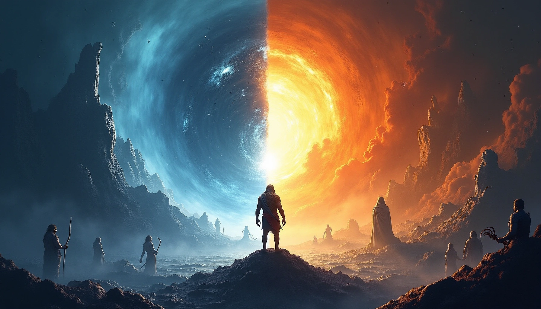 Split scene showing Ginnungagap void with ice and fire on the left, and Greek Chaos with primordial deities on the right