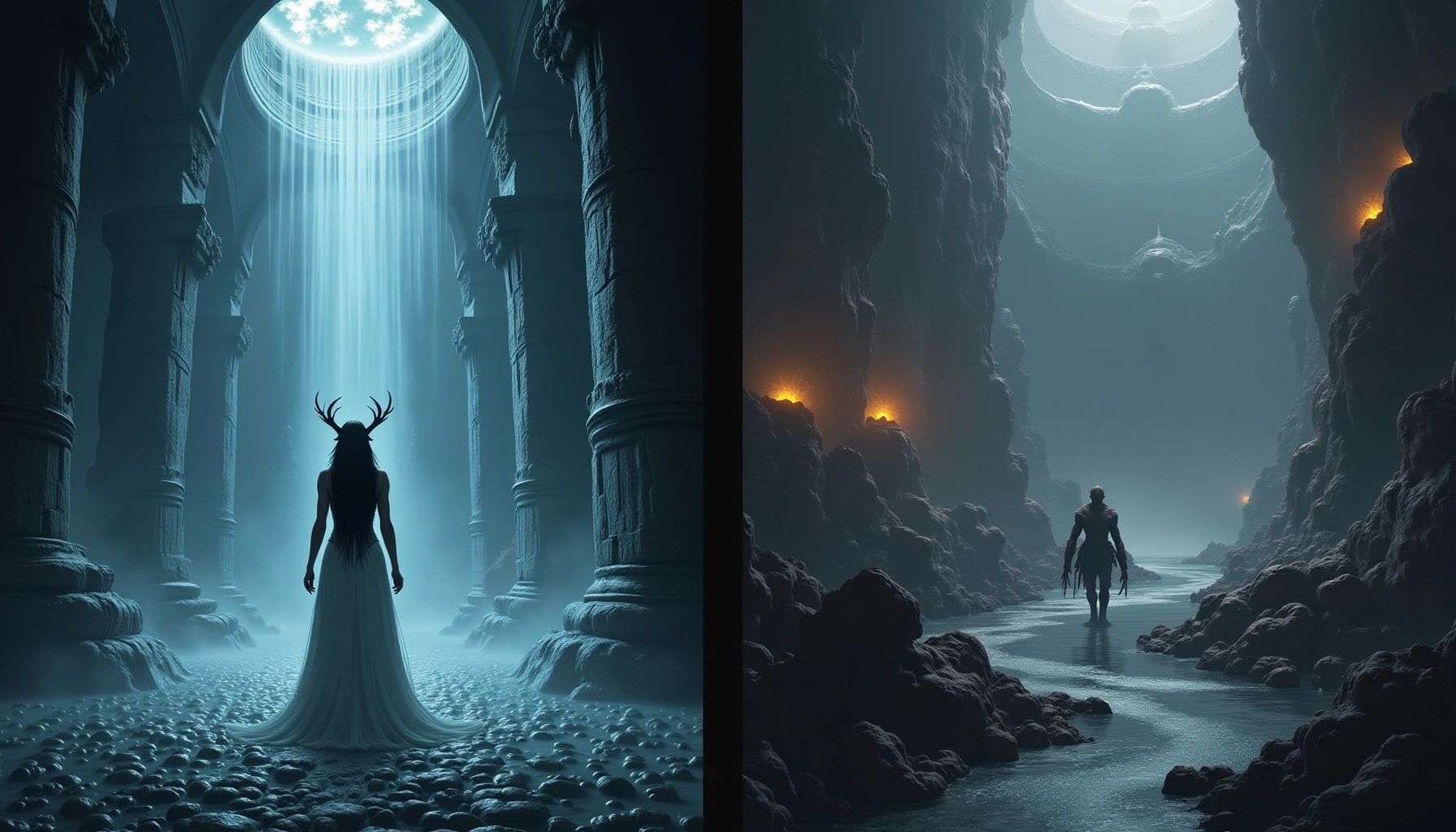 Split image showing Norse Hel realm with mist and ice versus Greek Hades with rivers and classical architecture