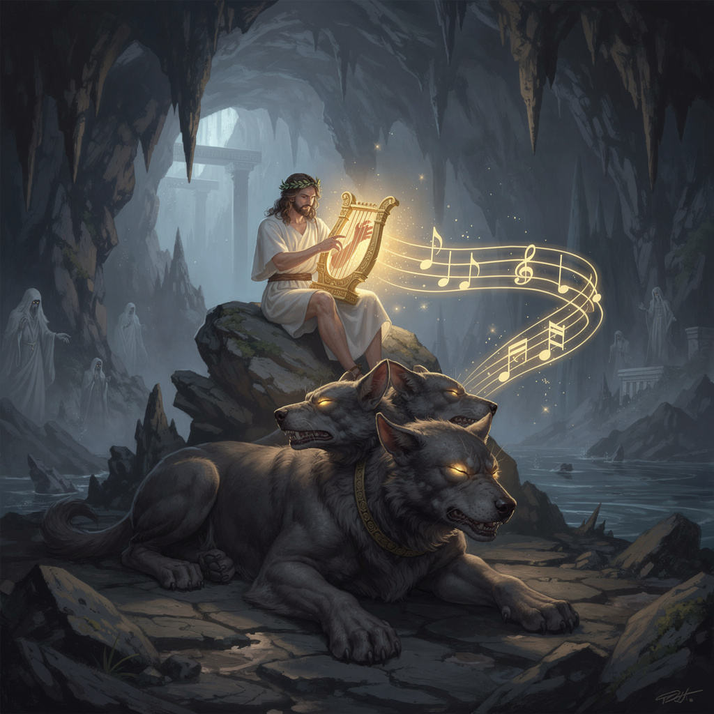 Orpheus playing his golden lyre to calm Cerberus in the underworld