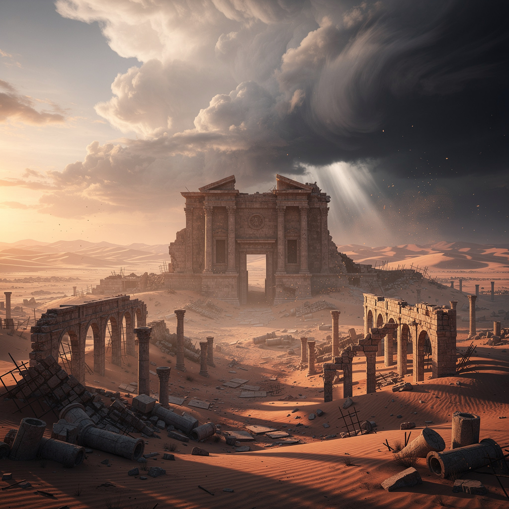 Dramatic storm clouds gathering over ancient desert ruins, domain of Pazuzu