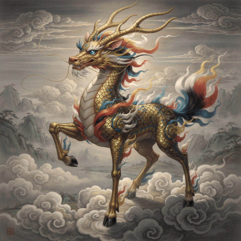 Qilin the Chinese celestial unicorn with dragon scales, deer body and sacred flames
