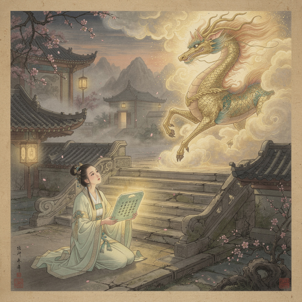 Qilin celestial creature appearing before Confucius with jade tablet prophecy