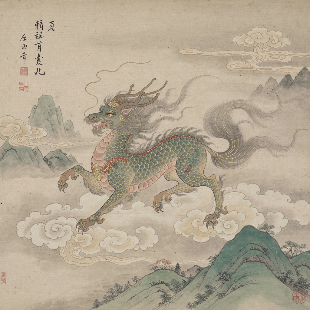 Qilin walking on clouds surrounded by five sacred colors and flames