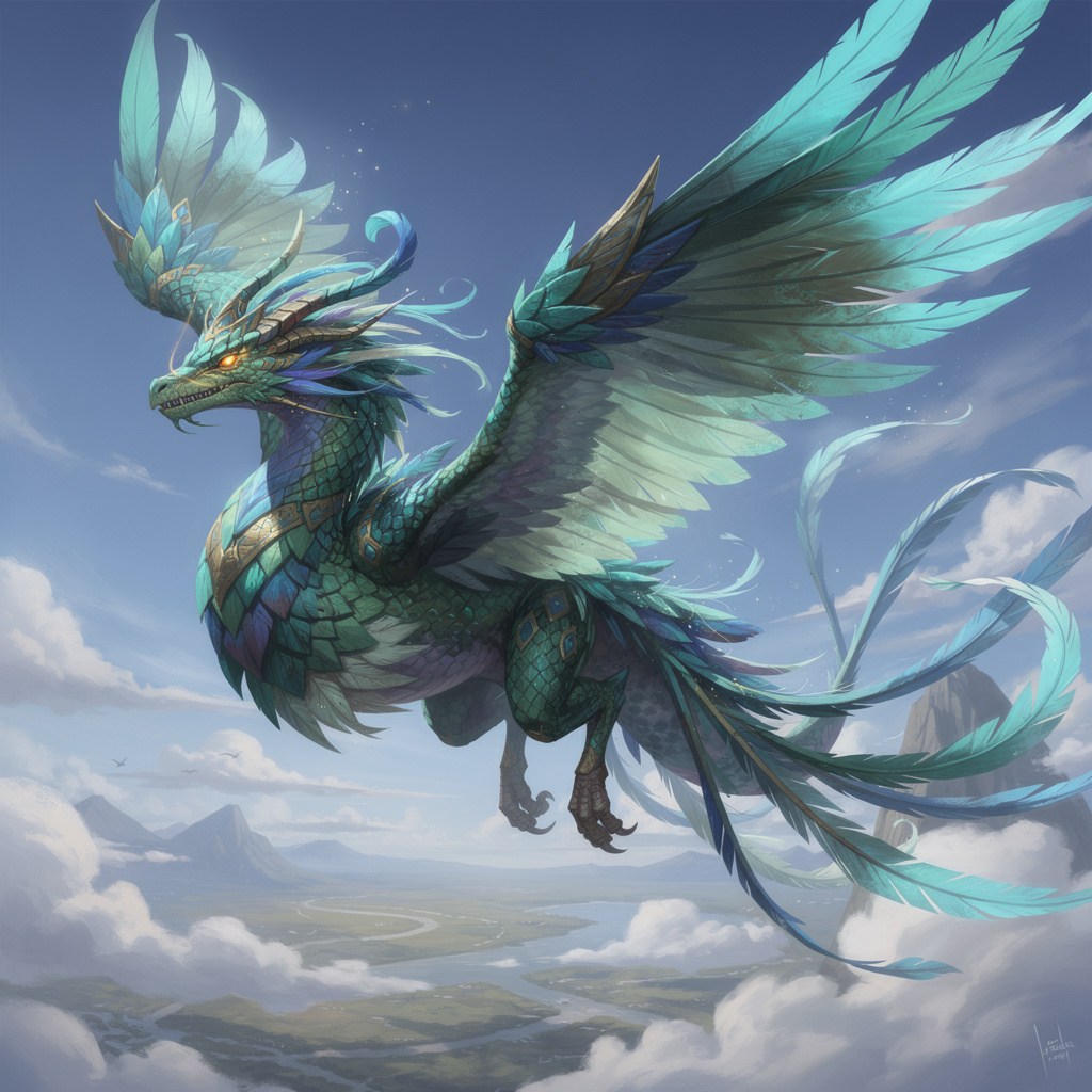 The feathered serpent Quetzalcoatl soaring through golden clouds with vibrant green and blue plumage