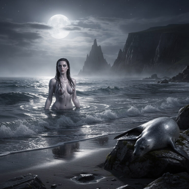 Selkie emerging from the sea at a moonlit Scottish coast with seal skin nearby