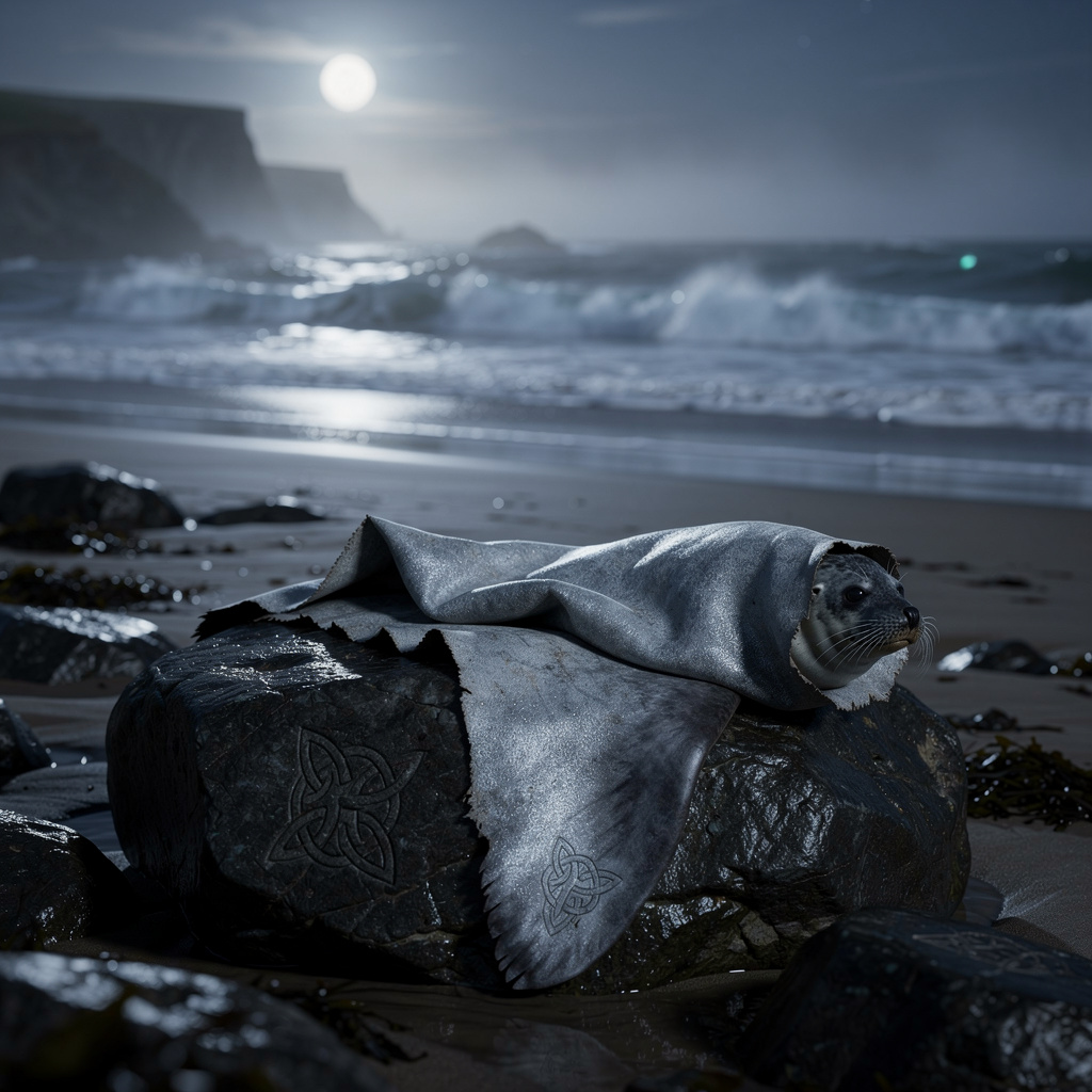 Folded seal skin on beach rocks with ocean waves in moonlight