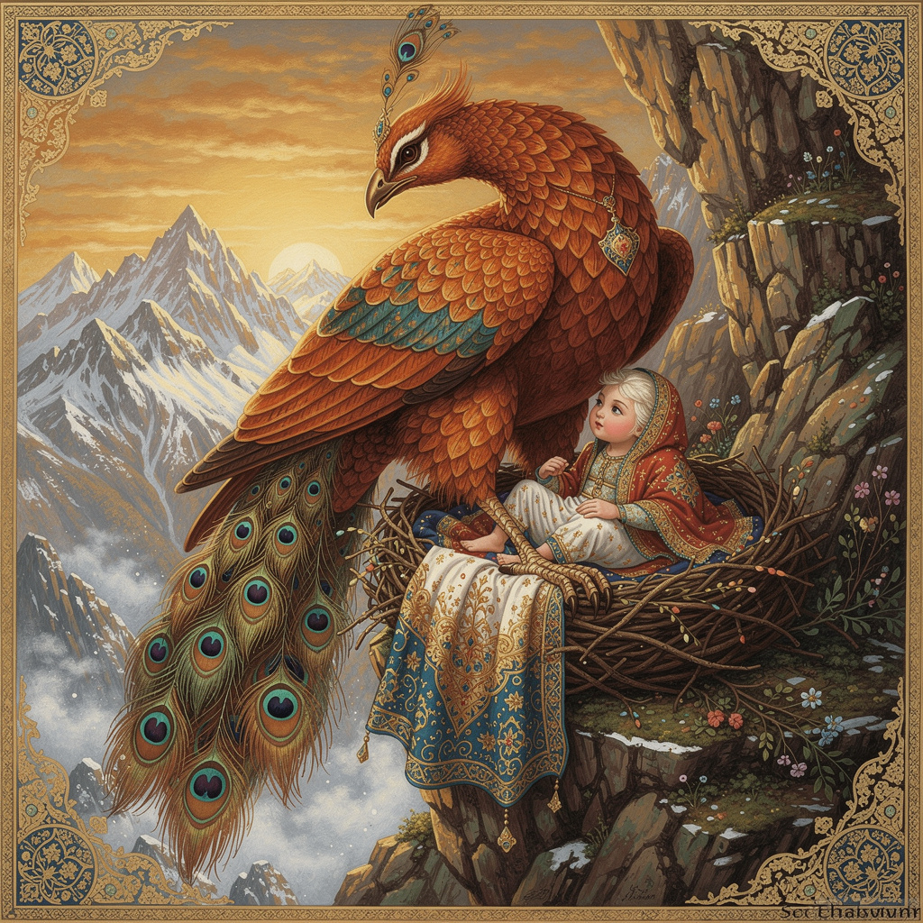 Simurgh divine bird caring for infant Zal in nest on Mount Alborz