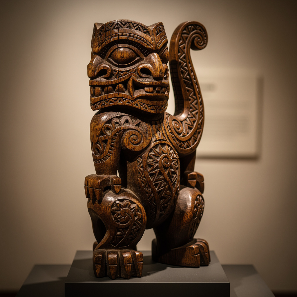 Traditional Polynesian wood carving depicting the Taniwha water guardian