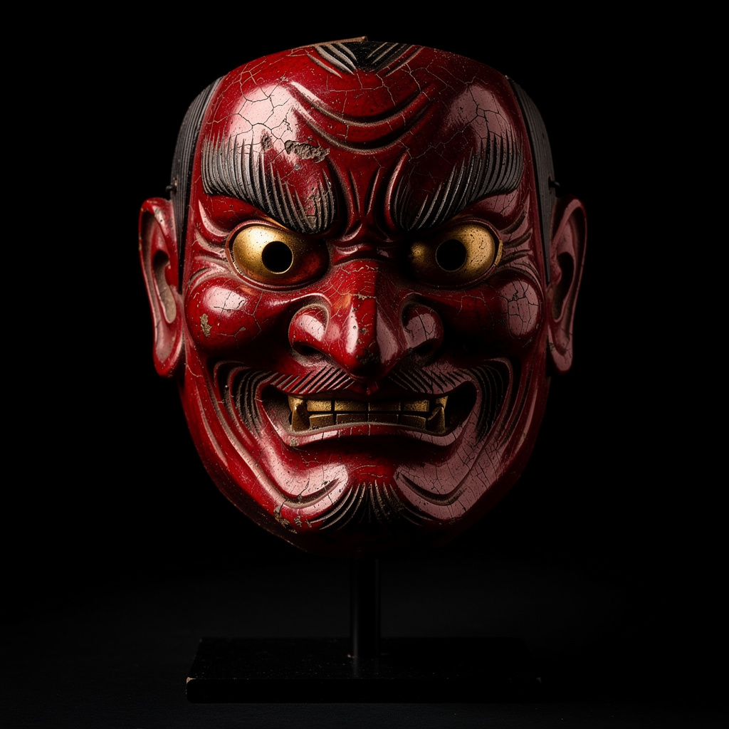 Traditional red Tengu mask with distinctive long nose used in Japanese festivals