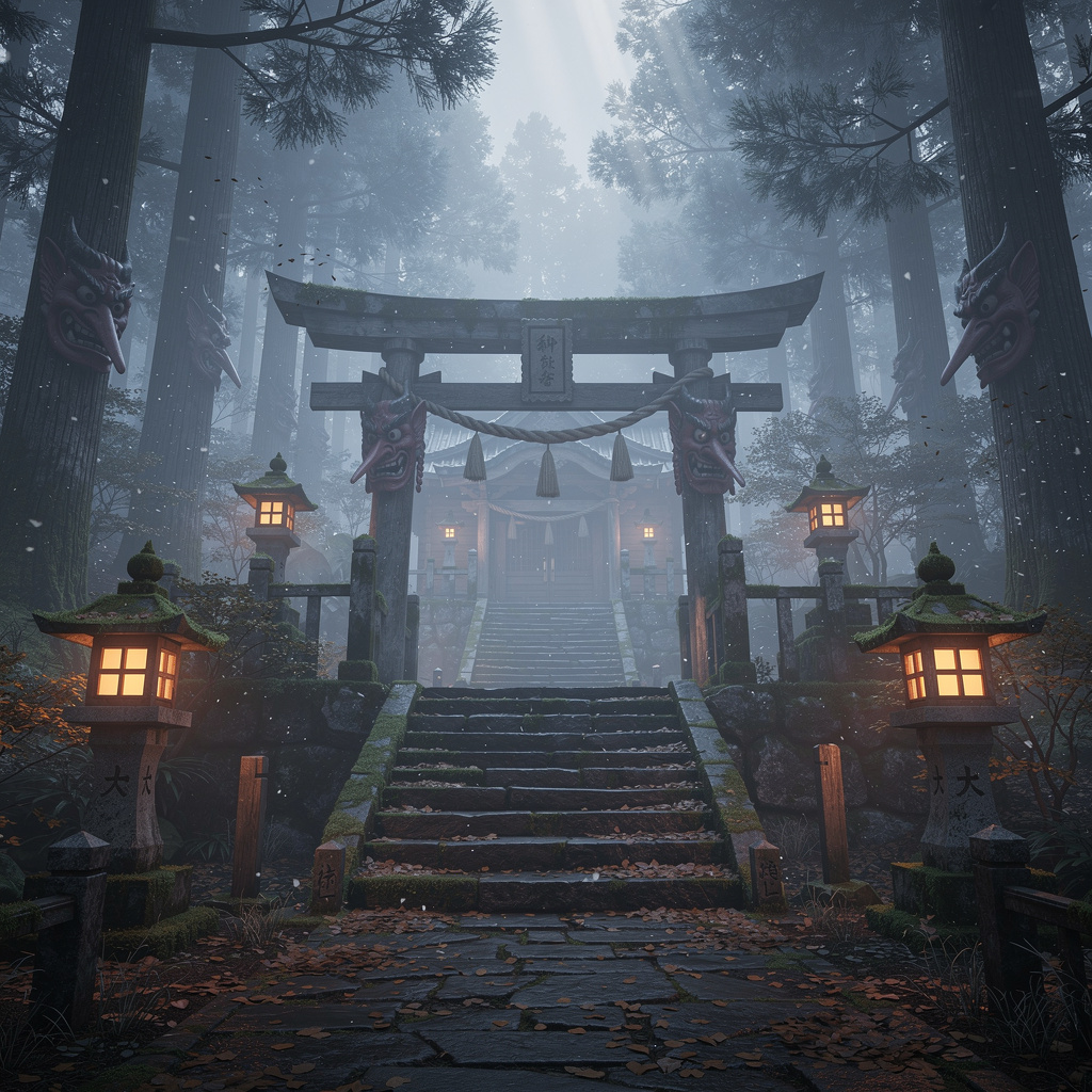 Japanese mountain temple gate guarded by Tengu spirits in misty forest