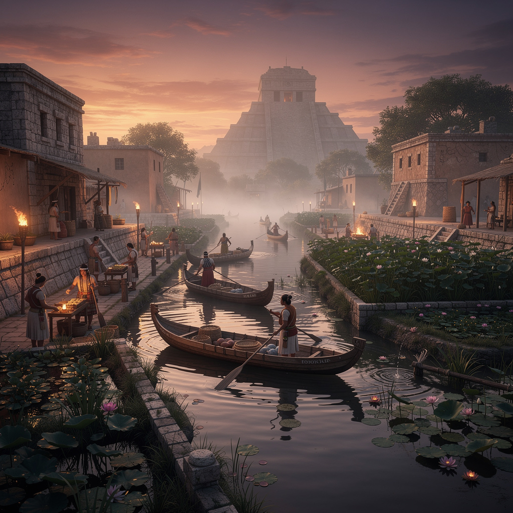 Misty canal in ancient Tenochtitlan at dusk, the hunting grounds of the Ahuizotl