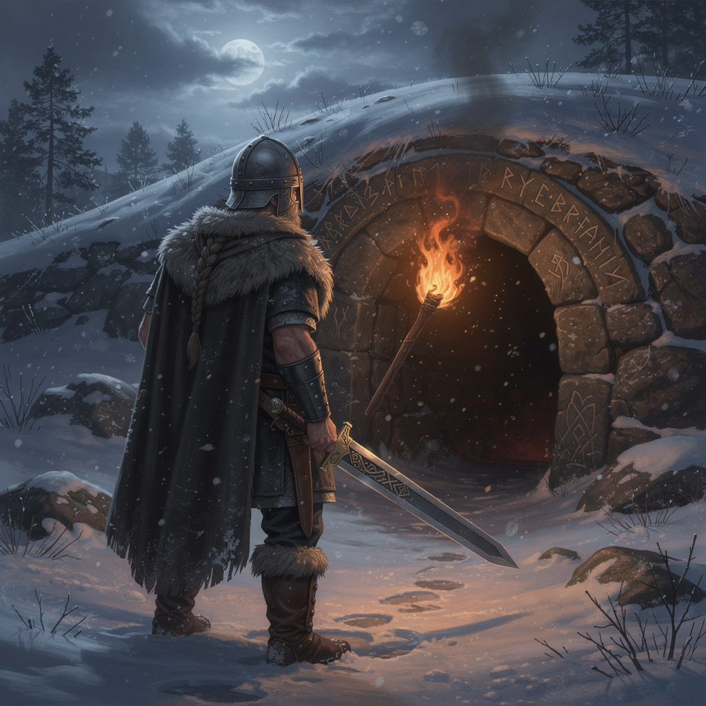 Brave Viking warrior with sword and torch approaching a Draugr burial mound